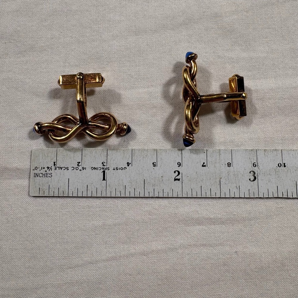 14K Gold Knot Cufflinks with Blue Stones Mens Formal Wear - Picture 5 of 5
